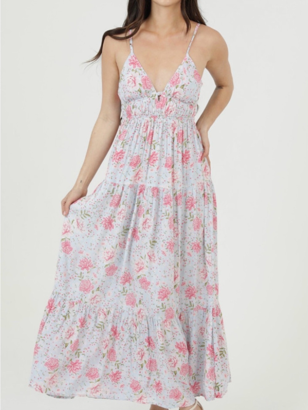 Angie Pink Floral Smocked Maxi Dress